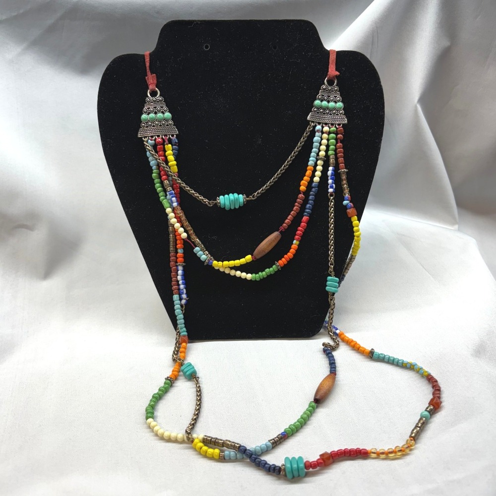 Lucky Brand Necklace Womens OS Multicolor Good Boho Multi Strand Beaded Leather